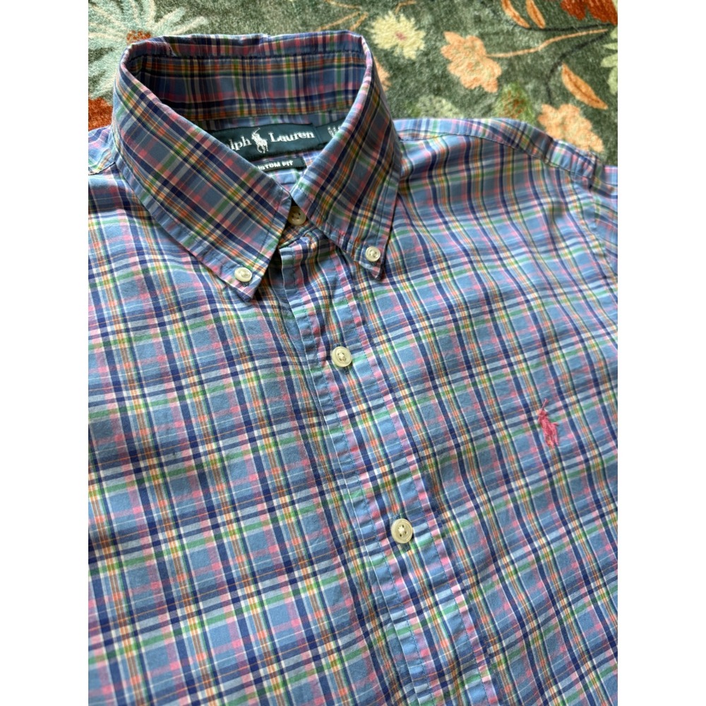 Ralph Lauren Mens Custom Fit Plaid Button Down Shirt Blue Pink Small Long Sleeve